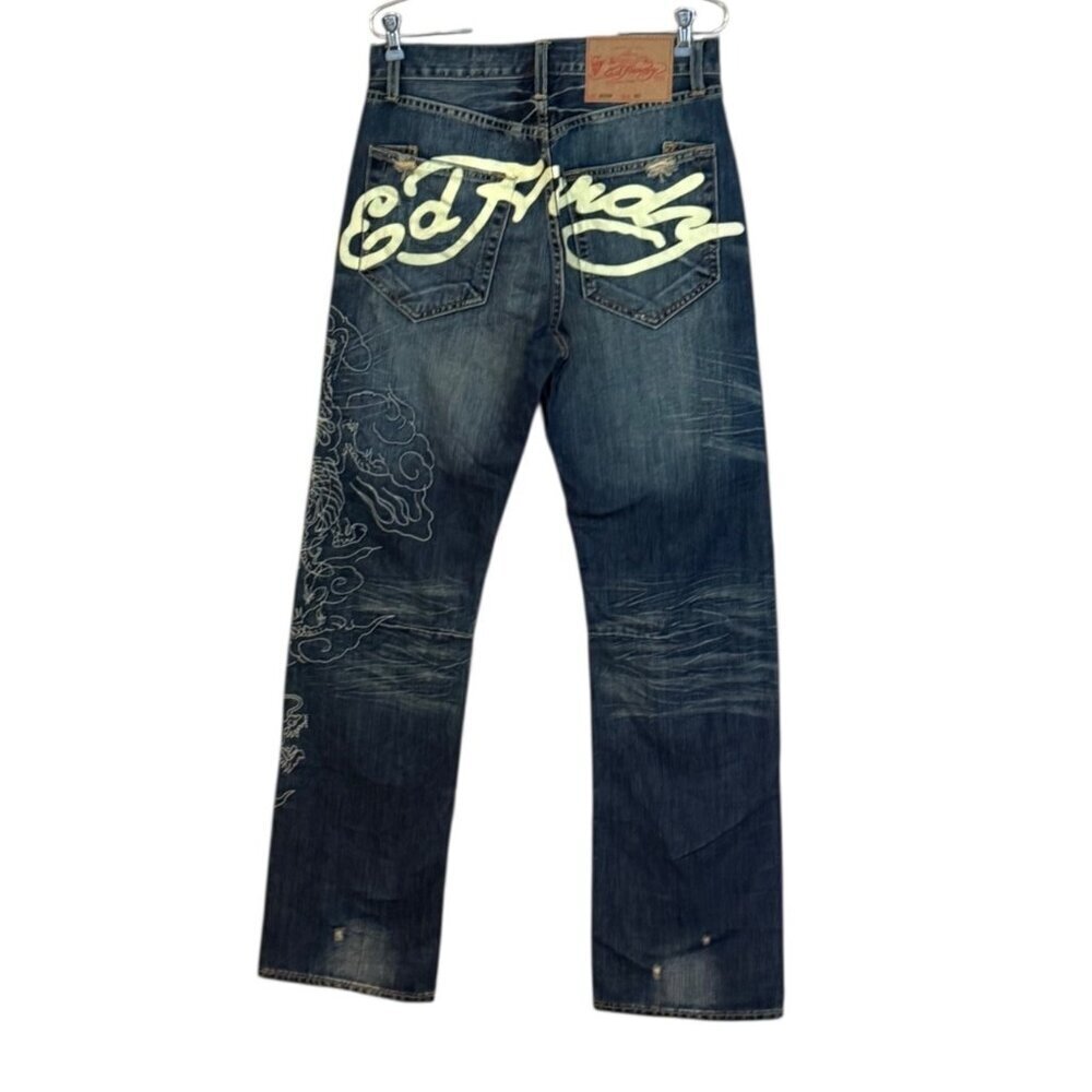 Ed Hardy by Christian Audigier Men's Dragon Embroidered Jeans Distressed Blue Si